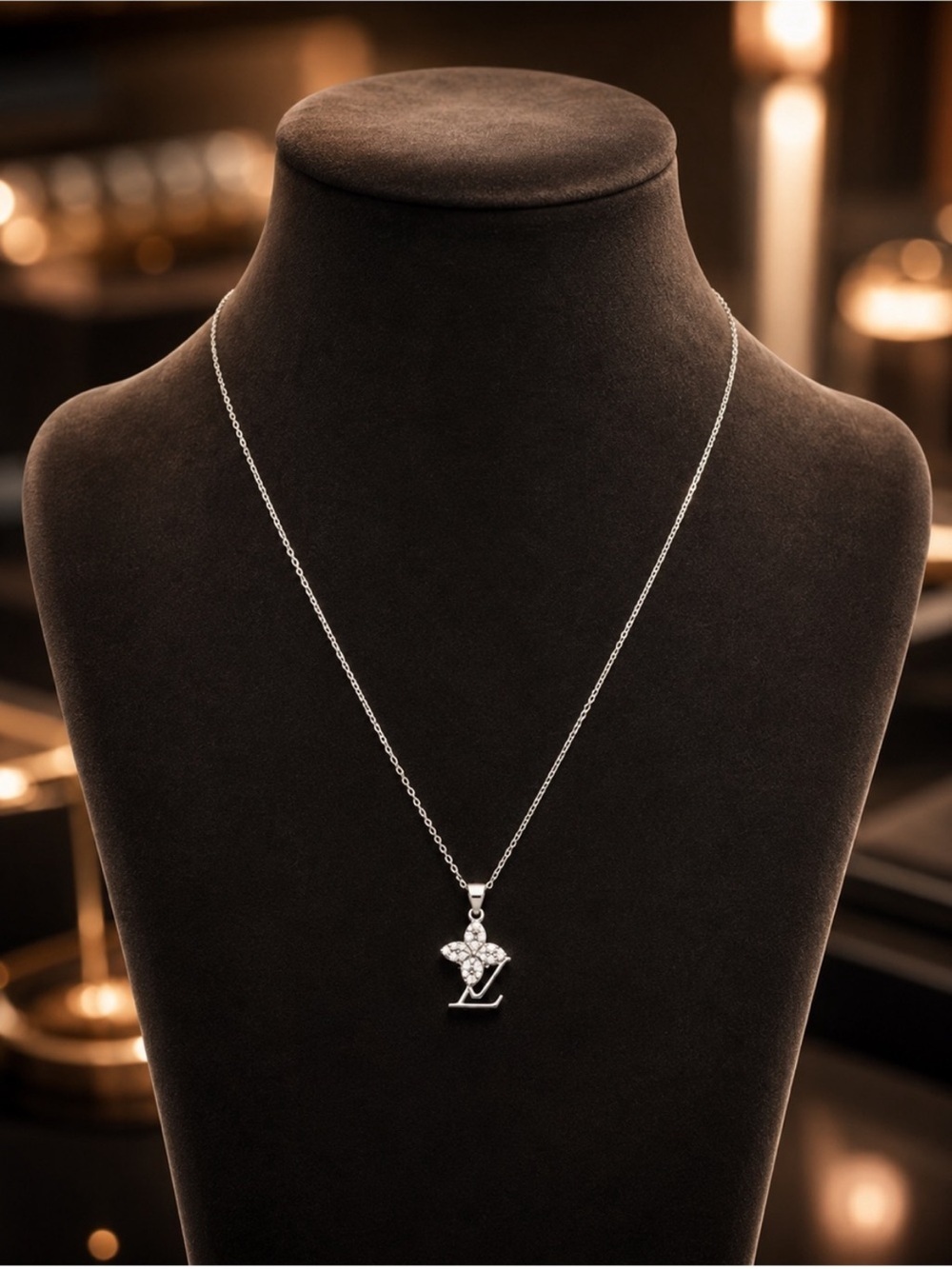 Luxury Silver Crystal LV Logo Pendant Necklace